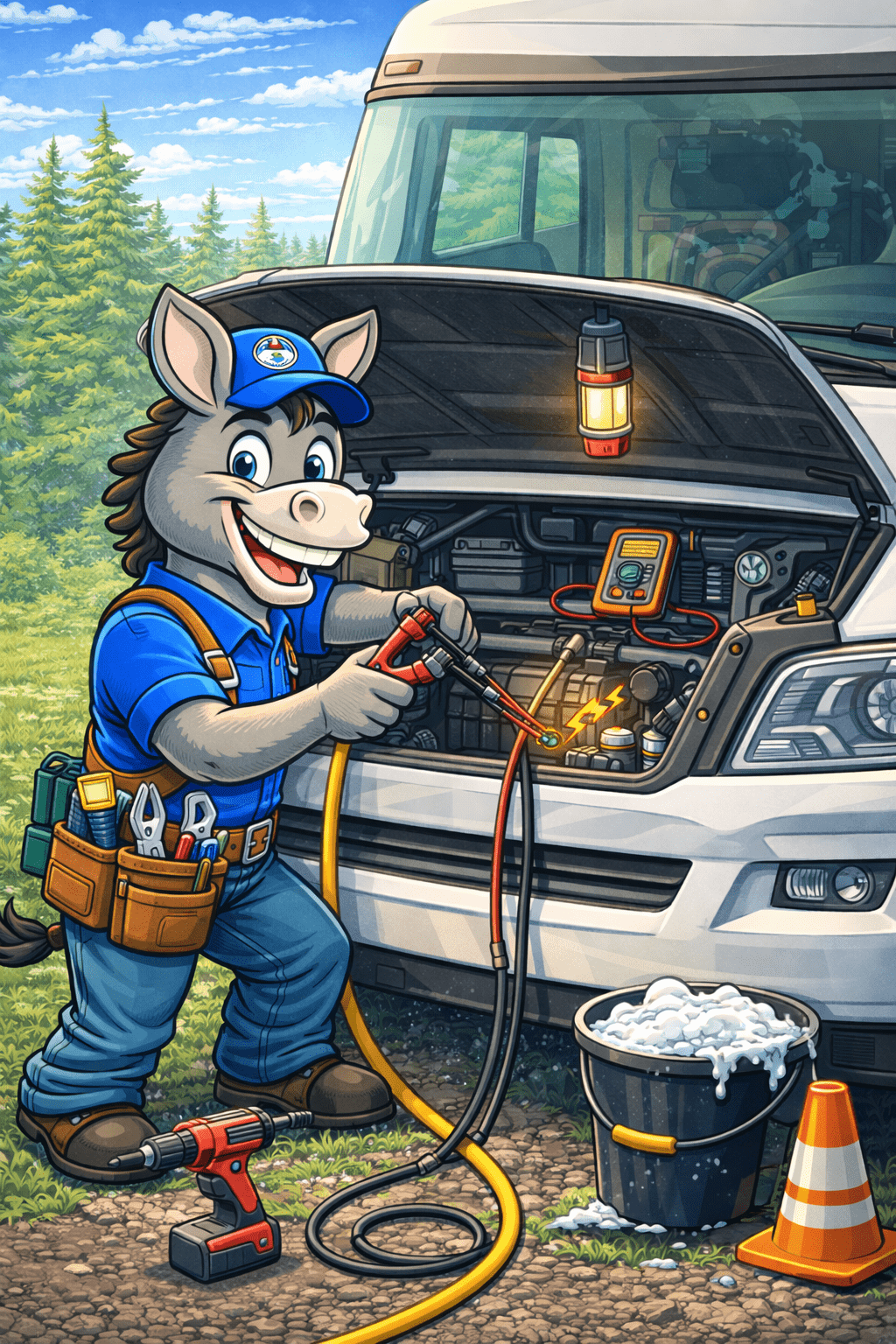 Faithful Jack mobile RV technician working beneath an RV
